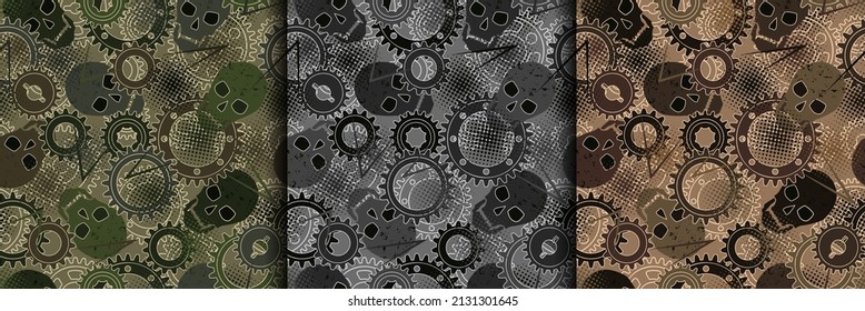 Patrones sin foco con silueta de engranajes, calaveras, textura de semitonos punteados. Colores de camuflaje para prendas de vestir, tejidos, textiles, artículos deportivos.