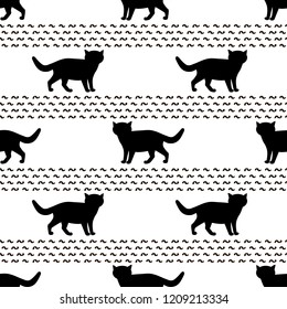 Seamless patterns with silhouettes of the black cat. Vector illustration
