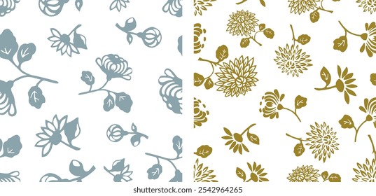Padrões sem emenda de silhuetas crisântemos decorativos jardim, astras, margaridas, fundos vetoriais florais, tecido, têxtil