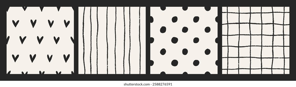 Seamless patterns with simple print, black and white texture design. Abstract trendy backgrounds set with tiny hearts, stripes, polka dot, grid for textile, fabric, wrapping. Flat vector illustration
