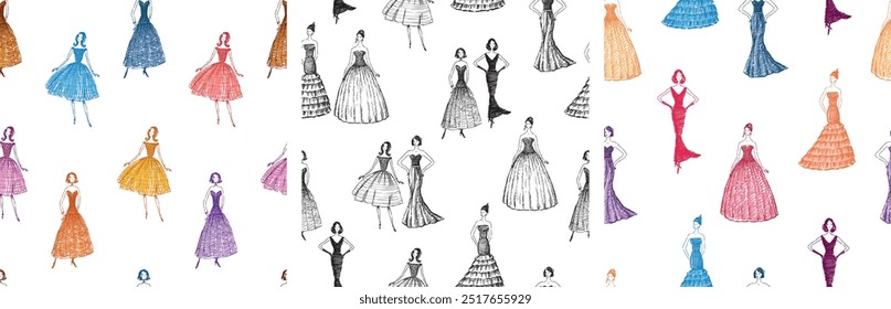 Seamless patterns of sketches cartoon slim young women in evening gowns, fashion backgrounds, wallpaper, paper, textile