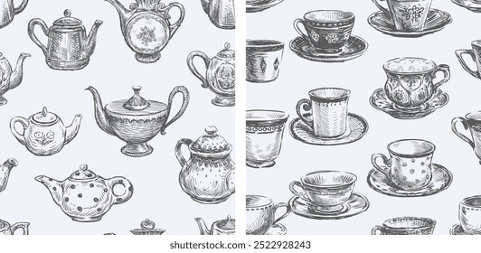 Seamless patterns of sketches  collection various vintage teapots and tea cups, hand drawn illustrations, vector backgrounds, wallpaper, paper