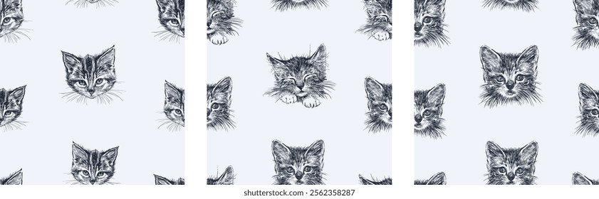 Seamless patterns of sketches cute kittens heads, realistic hand drawings, vector background, paper, wallpaper