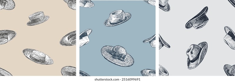 Seamless patterns of sketches different vintage male and female hats, background, wallpaper,paper, ttextile,vector illustration