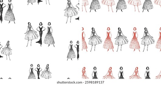 Seamless patterns of sketches  elegant slim women in evening dresses, fashionable girls, vector background, paper, wallpaper, hand drawn vector illustration
