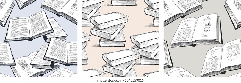 Seamless patterns of sketches old printed textbooks, hand drawn illustration, vector background, paper, wallpaper