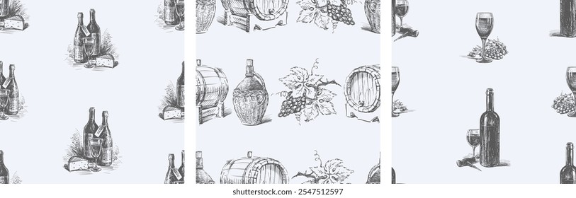 Patrones sin fisuras de bocetos de uva madura, botellas de vino, barriles, copas de vino, dibujos a mano de la temática de vinificación, fondo de Vector, papel, Fondo de pantalla