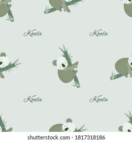 Seamless patterns. Sleeping koala on a eucalyptus branch on a light green background with the inscription "Koala".For baby bedding and clothes.Nursery wallpaper, phone case, notebook cover or textiles