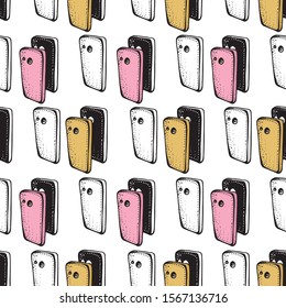 Seamless Patterns Of Smartphones. Electronic Devices. Pink And Gold Phone Case. Smartphone Doodle Vector Illustration