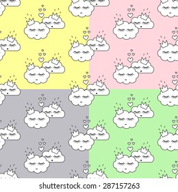 Seamless patterns with smiling sleeping clouds in love for kids holidays. Cute baby shower vector background. Child drawing style. Love concept illustration.
