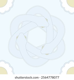 Seamless patterns of snakes Ouroboros and flowers are isolated on a sky-blue background.