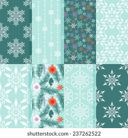 Seamless patterns with snow flakes and new year ornament