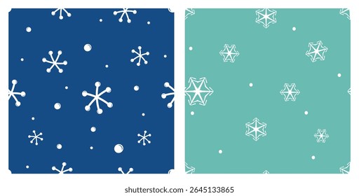 Patrones sin fisuras con copos de nieve sobre fondos de menta azul y verde Vector.