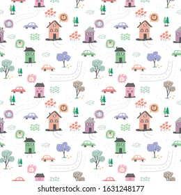 seamless patterns of society house with lions, rabbits, cats and elephants as residents complete with roads and cars as vehicles,