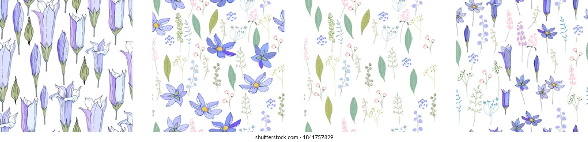 Seamless patterns with spring blue flowers. Endless texture for season easter design
