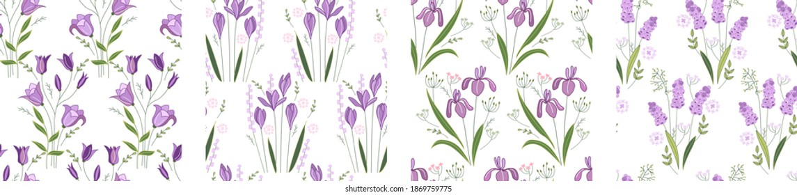 Seamless patterns with spring blue flowers. Endless textures for season easter design