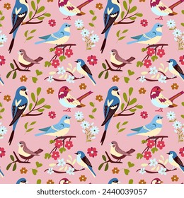Patrones sin costuras con flores de primavera y pájaros sobre un fondo liso en un estilo retro plano. Para el diseño de envases de regalo para vacaciones de primavera, elegantes fondos de pantalla y decoración interior.