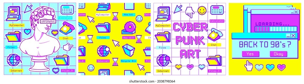 Seamless patterns and square posters set. Wallpaper for social network banners for promotion. Pack of retro computer elements. Old computer illustration in trendy retrowave style. Nostalgia for 90s.