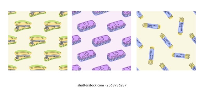 Seamless patterns with staplers, pencil cases, and glue sticks in flat doodle style