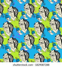Seamless patterns with strange  hand drawn characters with apples