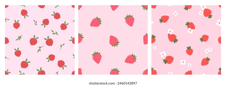 Seamless patterns of strawberries with green leaves on pink backgrounds vector. Cute fruit print.