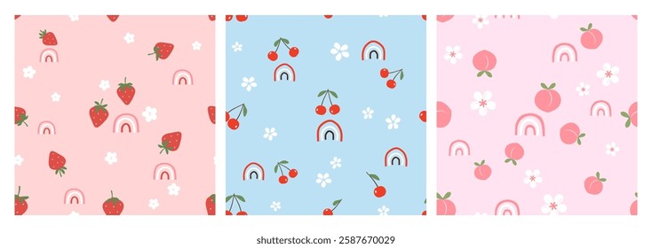 Seamless patterns with strawberry, cherry, peach fruit, cute flower and rainbow on pink and blue background vector. Cute fruit prints. 