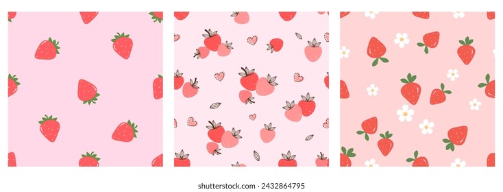 Patrones sin fisuras con fruta de fresa, hoja verde, flor linda y corazón en fondos rosas vector. Juego de estampado de fruta linda.