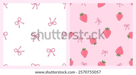 Seamless patterns of strawberry with green leaves and ribbon bows on white and punk backgrounds vector.
