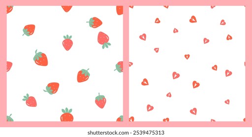 Patrones sin fisuras con fresa y corazón dibujado a mano sobre fondo blanco Vector.