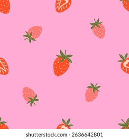 Seamless patterns with strawberry on pink backgrounds vector. Cute fruit print.