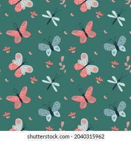Patrones impecables al estilo del minimalismo escandinavo, mariposas, libélulas y flores. Arte con insectos rosas y azules en un fondo verde. Arte vectorial para diseño, ropa de bebé
