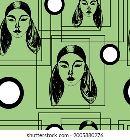 Seamless patterns in the style of the sixties. Image of a black and white portrait of a girl and a woman. Design for use on printed fabrics, textiles.