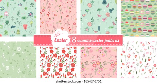Seamless patterns with stylized cute flowers and birds. Endless texture for announcements, greeting cards, posters, advertisement.