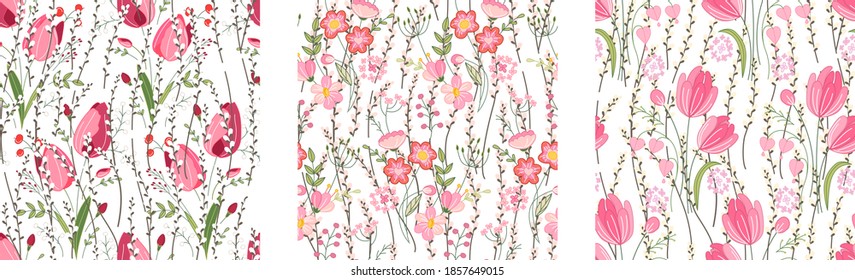 Seamless patterns with stylized cute flowers.  Endless textures for season and festive design, greeting cards and posters.