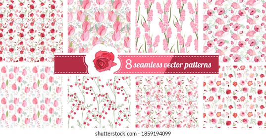 Seamless patterns with stylized cute flowers.  Endless textures for season and festive design, greeting cards and posters.