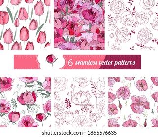 Patrones impecables con flores lindas estilizadas.  Texturas interminables para la temporada y el diseño festivo, tarjetas de felicitación y afiches.