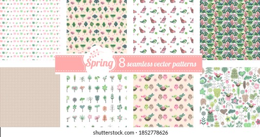 Seamless patterns with stylized cute trees and birds. Endless texture for announcements, greeting cards, posters, advertisement.