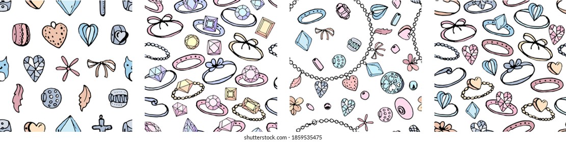 Nahtlose Muster mit stilisierten Ringen für junge Frauen. Schwarze Kontur, weißer Hintergrund, rosafarbene, blaue und gelbe Farbe. Endlose Texturen.