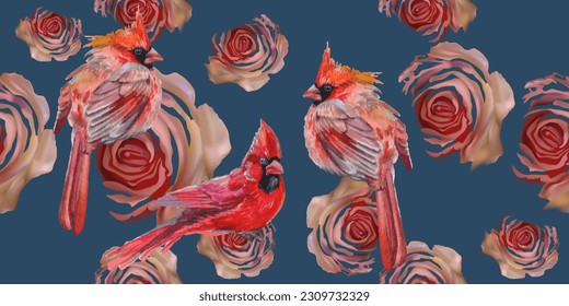 Seamless patterns. Stylized roses and red birds. Textile background. Vector graphics.
