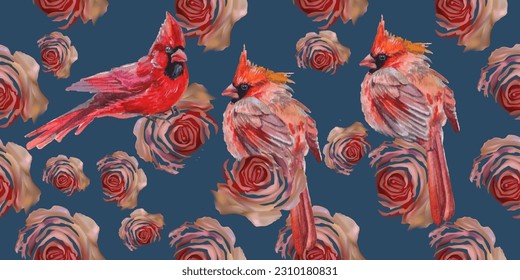 Patrones sin inconvenientes. rosas estilizadas y pájaros rojos. Fondo textil. Gráficos vectoriales.
