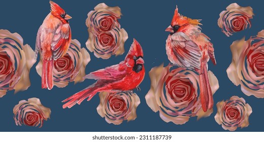 Seamless patterns. Stylized roses and red birds. Textile background. Vector graphics.
