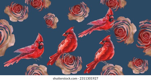 Seamless patterns. Stylized roses and red birds. Textile background. Vector graphics.
