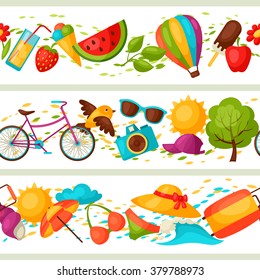 Seamless patterns with stylized summer objects. Background made without clipping mask. Easy to use for backdrop, textile, wrapping paper.