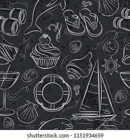 Seamless Patterns with  summer symbols, boat, shels,  dolphin, cocktail, binoculars, flip-flops on grunge blackboard, vector illustration.
Ideal for printing onto fabric and paper or scrap booking.