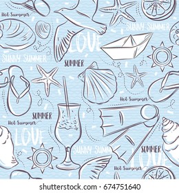 Seamless Patterns with  summer symbols, boat, flip-flops, sea star, flippers, clam, gull, cocktail, orange on a blue  grunge background, vector illustration.
