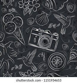 Seamless Patterns with  summer symbols,   hummingbird, ice cream, camera, flower on  grunge blackboard, vector illustration.
Ideal for printing onto fabric and paper or scrap booking.