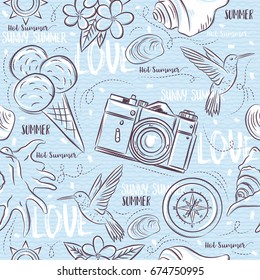 Seamless Patterns with  summer symbols,   hummingbird, ice cream, camera, flower on a blue  grunge background, vector illustration.