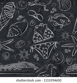 Seamless Patterns with  summer symbols, Ice cream, swimsuit, gull, fish, ship on  grunge blackboard,  vector illustration.Ideal for printing onto fabric and paper or scrap booking.