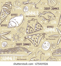 Seamless Patterns with  summer symbols, Ice cream, swimsuit, gull, fish, ship on a beige  background, vector illustration.