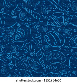Seamless Patterns with  summer symbols, shellfish and clams  on a blue backgrounds, vector illustration.
Ideal for printing onto fabric and paper or scrap booking.